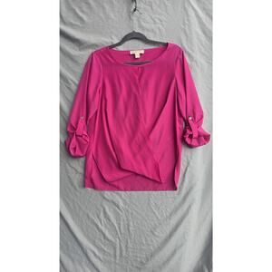MICHAEL Michael Kors Blouse Womens Medium Pink Roll Tab Sleeve Draped Hem Top